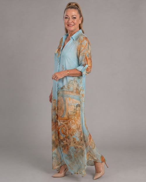 Azmira | Robe Maxi Fluide à Imprimé Baroque avec Boutonnage