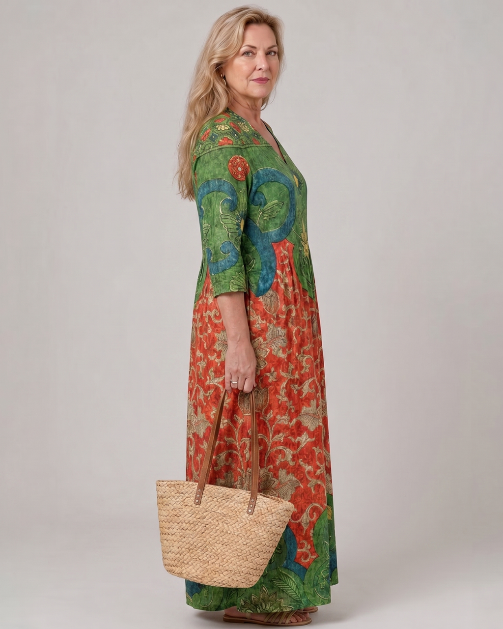 Zeloria | Robe Midi Relaxed à Manches Trois Quarts avec Imprimé Vintage Abstrait