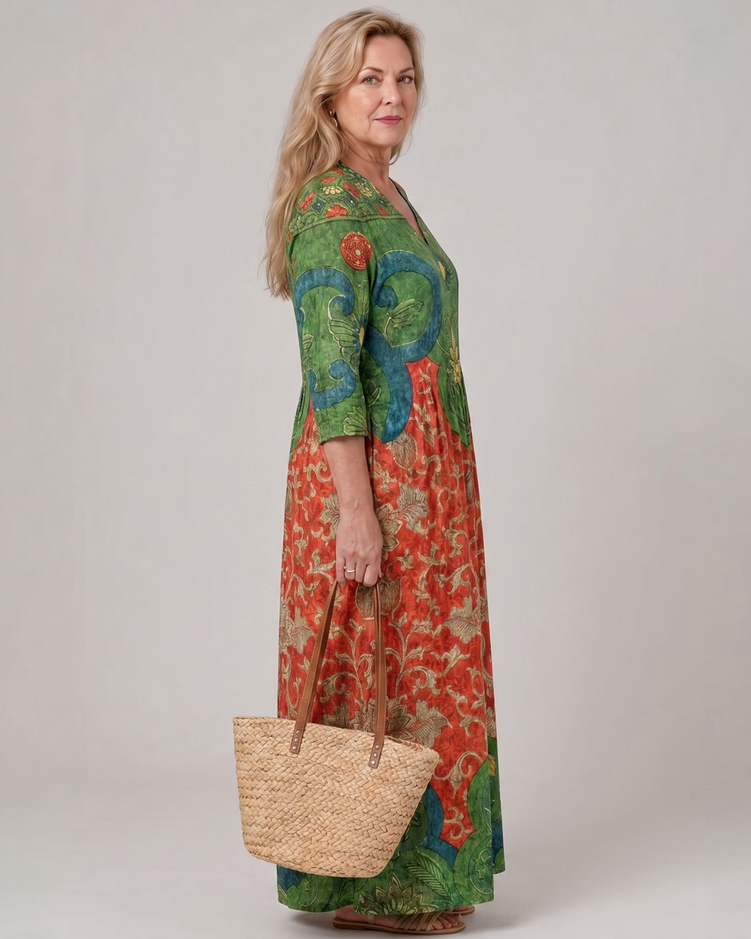Zeloria | Robe Midi Relaxed à Manches Trois Quarts avec Imprimé Vintage Abstrait