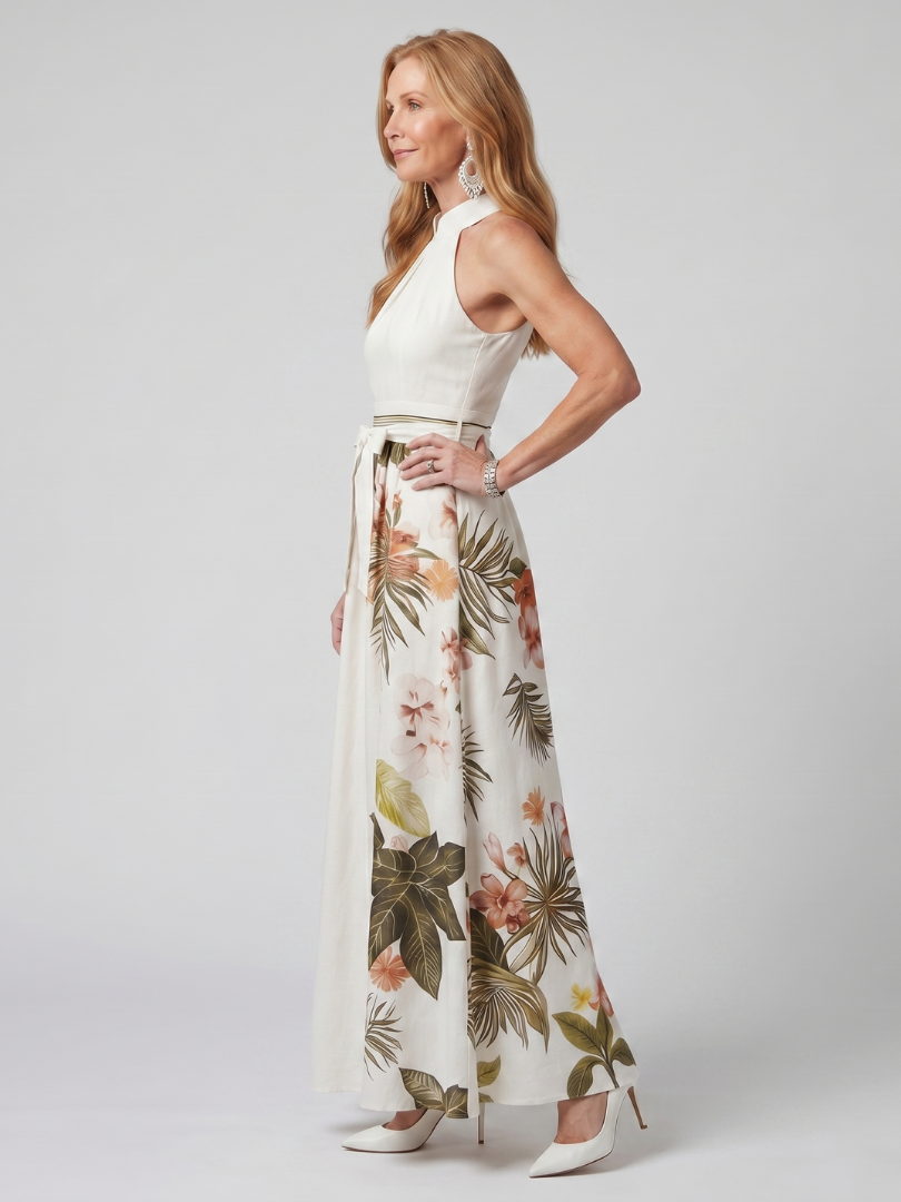 Prairie | Robe maxi à panneaux botaniques avec col halter drapé
