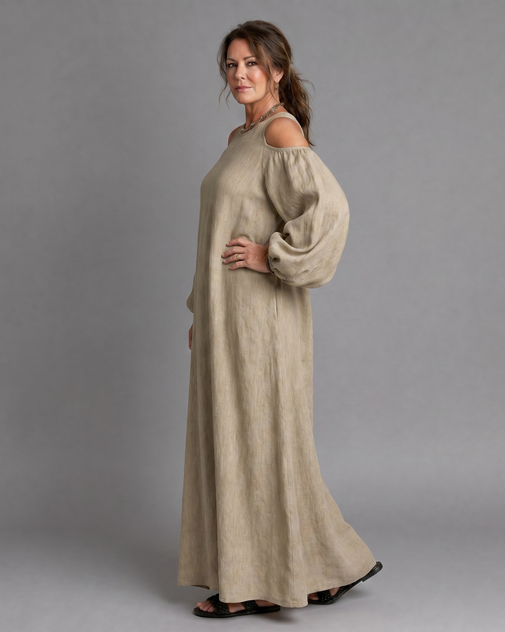 Sylphine | Robe Maxi Décontractée à Épaules Dénudées et Manches Bouffantes