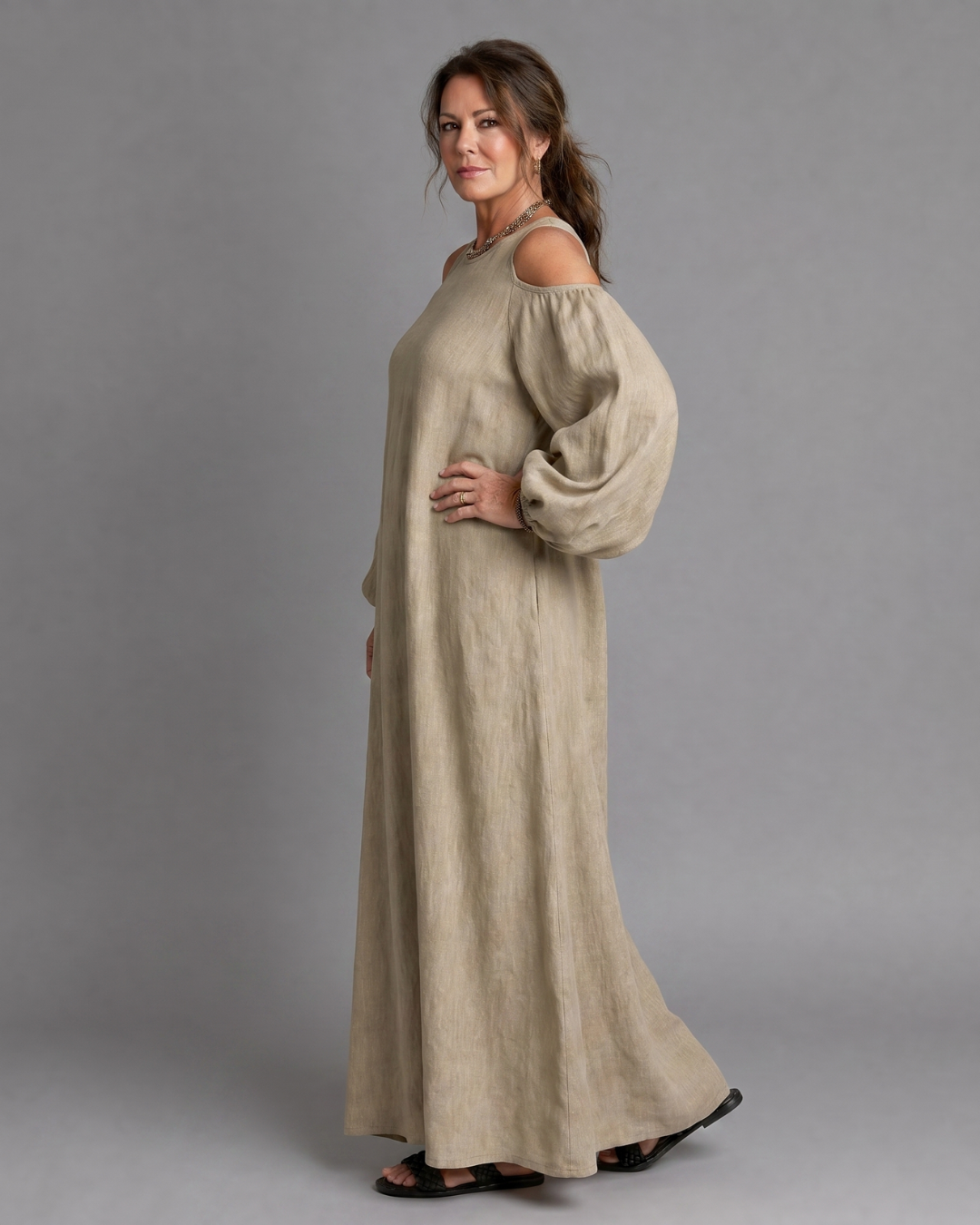 Sylphine | Robe Maxi Décontractée à Épaules Dénudées et Manches Bouffantes