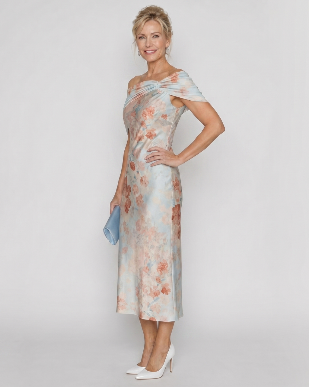 Imore | Robe Midi Ajustée à Fleurs Douces et Épaules Dénudées