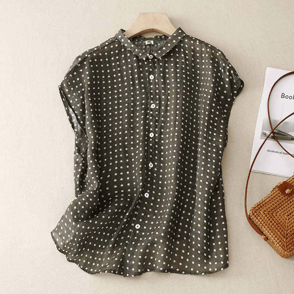 Chemise en Coton et Lin à Manches Courtes avec Imprimé à Pois pour Femme