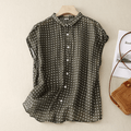 Chemise en Coton et Lin à Manches Courtes avec Imprimé à Pois pour Femme