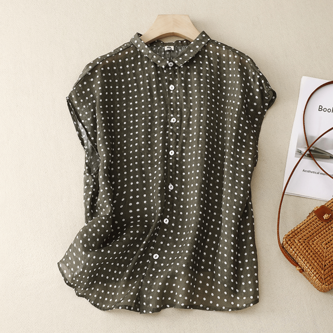 Chemise en Coton et Lin à Manches Courtes avec Imprimé à Pois pour Femme