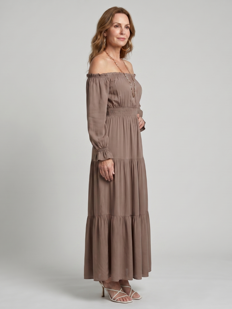 Anora | Robe Midi à Épaules Dénudées avec Fente Latérale