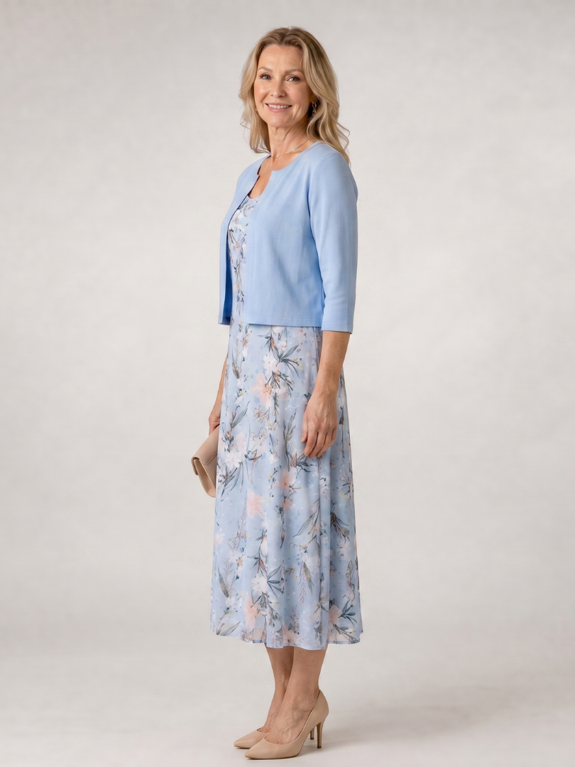 Celeste | Robe midi sans manches avec imprimé floral et veste courte