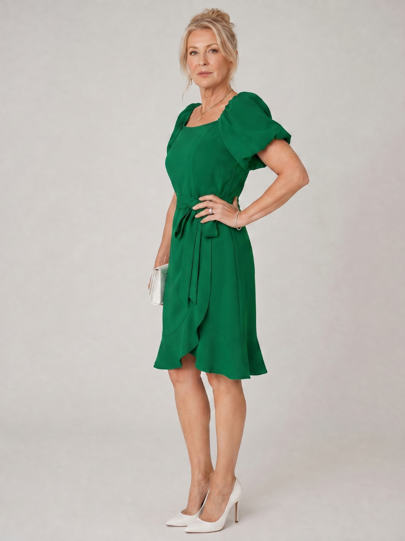 Ruosa | Robe Mini à Manches Bouffantes Courtes avec Détail de Nœud Latéral
