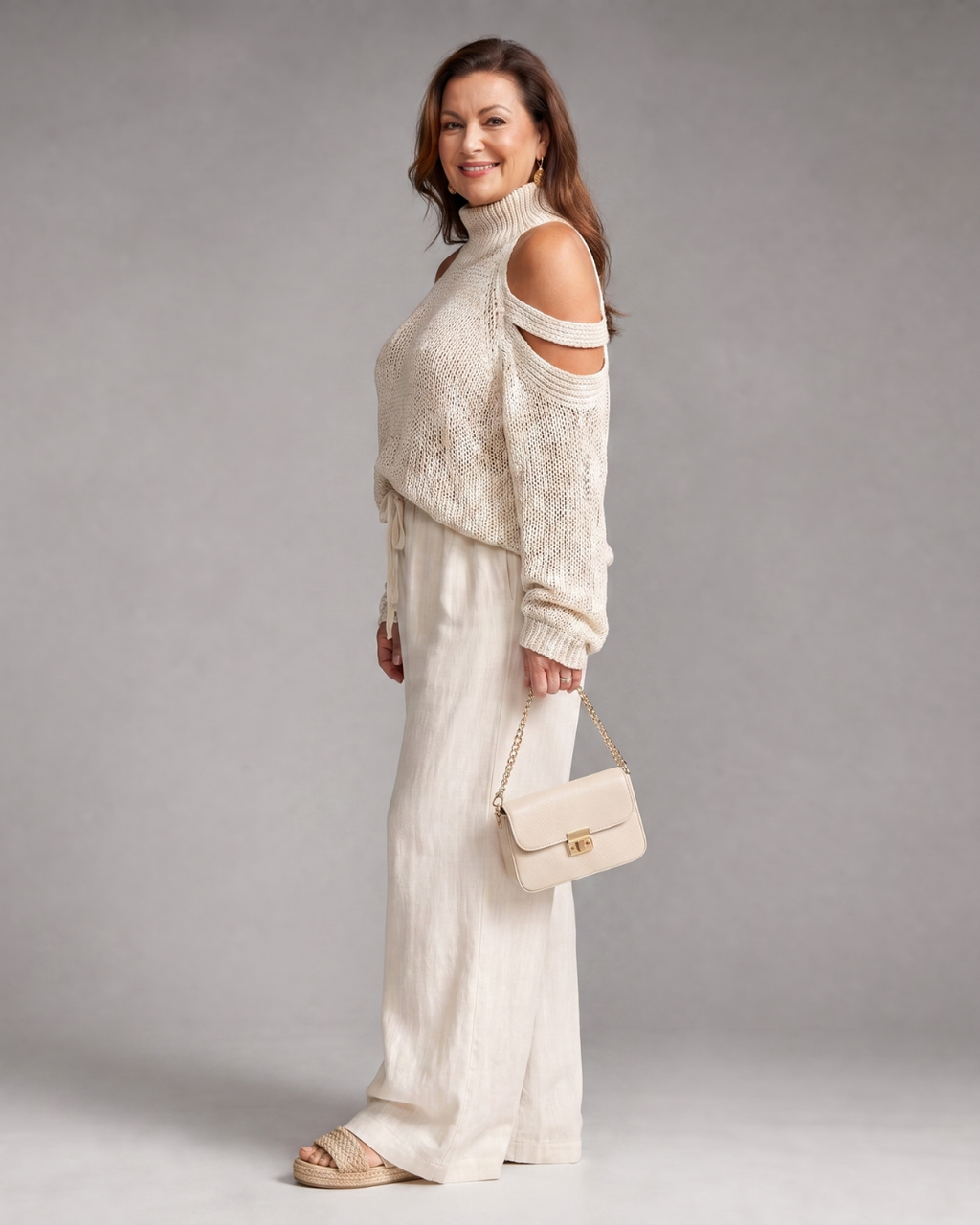 Elamen | Ensemble de pull en tricot à épaule dénudée et pantalon large