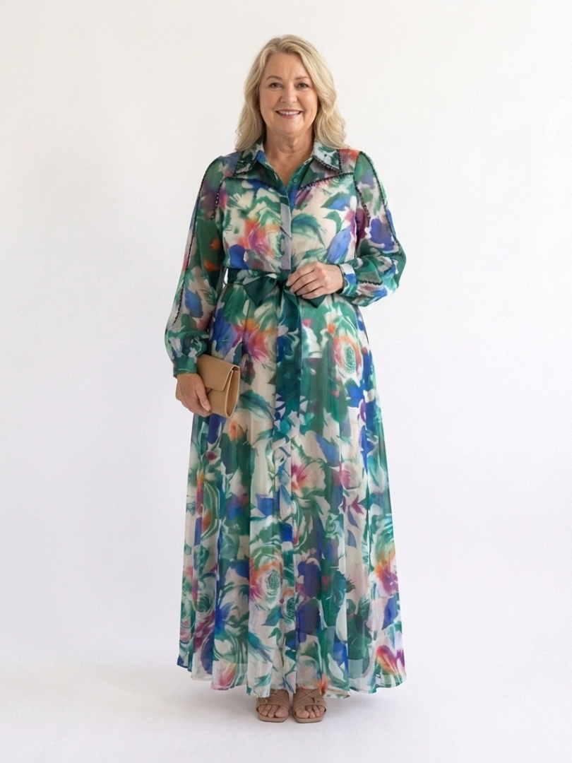 Carolina | Robe Maxi Imprimée à Manches Longues et Ceinture