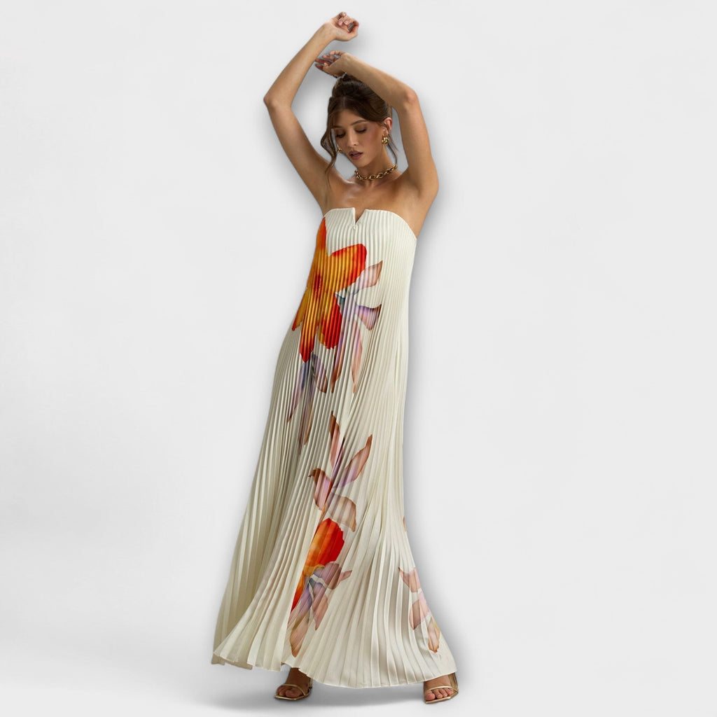 Robe Longue Bustier Plissée avec Corset et Imprimé Floral