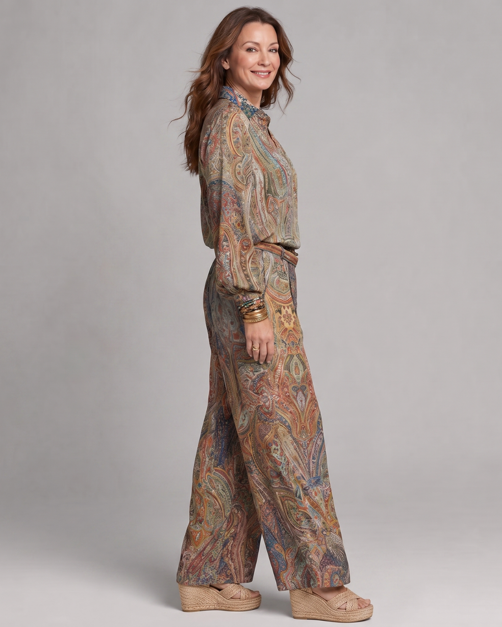 Virezza | Blouse à Imprimé Paisley Orné et Ensemble de Pantalons Amples