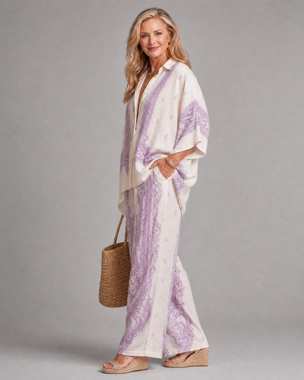 Sodaya | Chemise oversize à imprimé doux et ensemble de pantalons à jambes larges