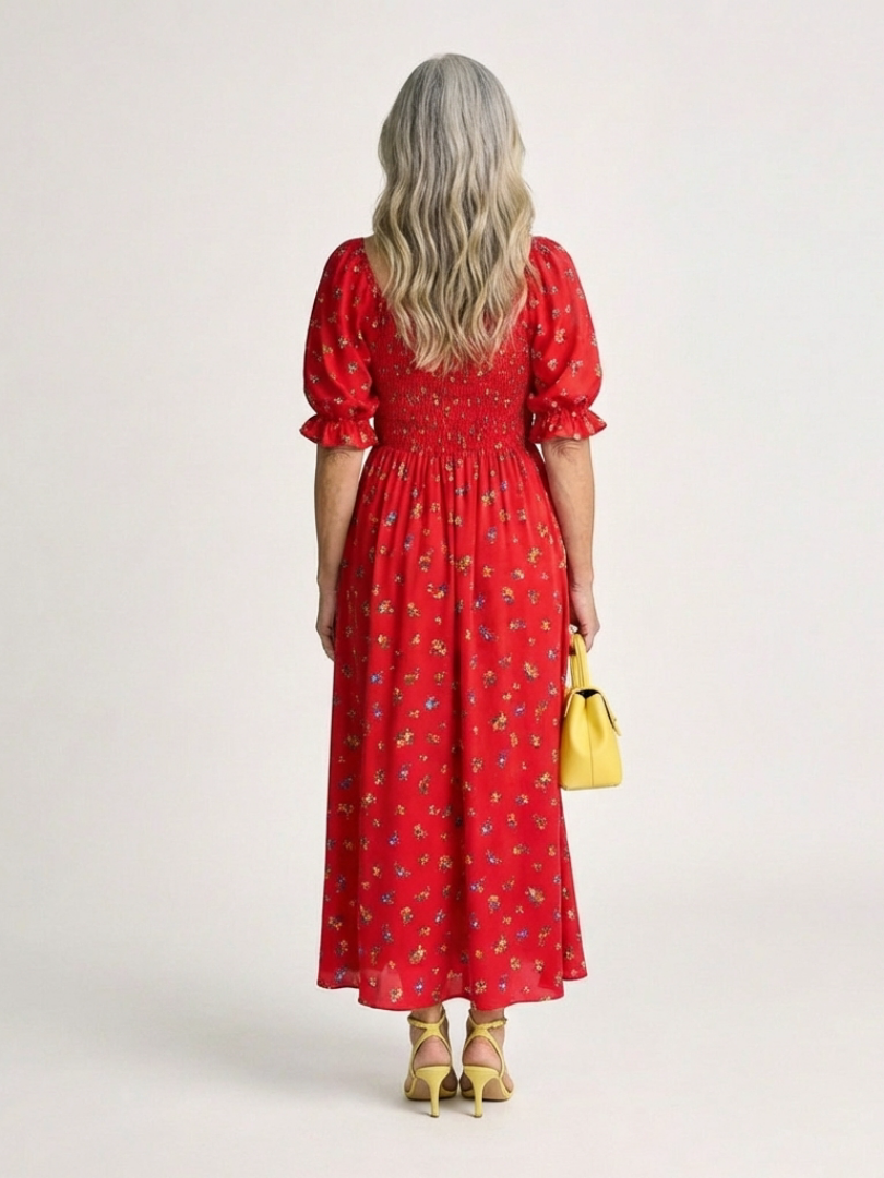 Delphine | Robe Midi à Encolure Carrée et Manches Bouffantes Florales