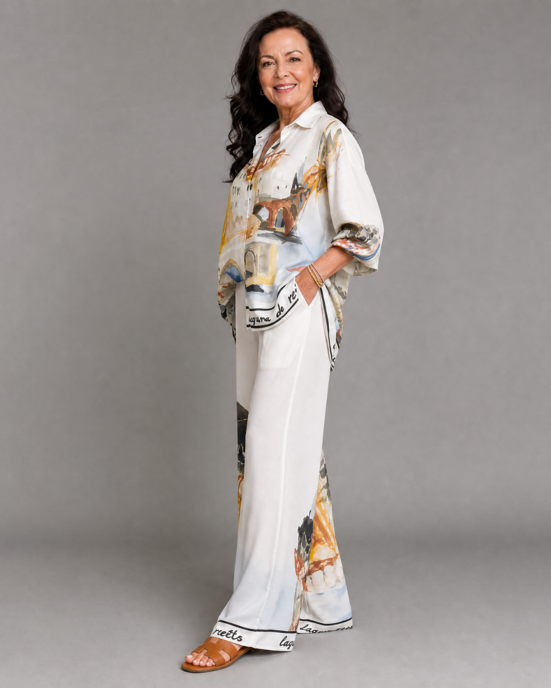 Calyra | Blouse Imprimée Artistique Et Ensemble Pantalons Larges