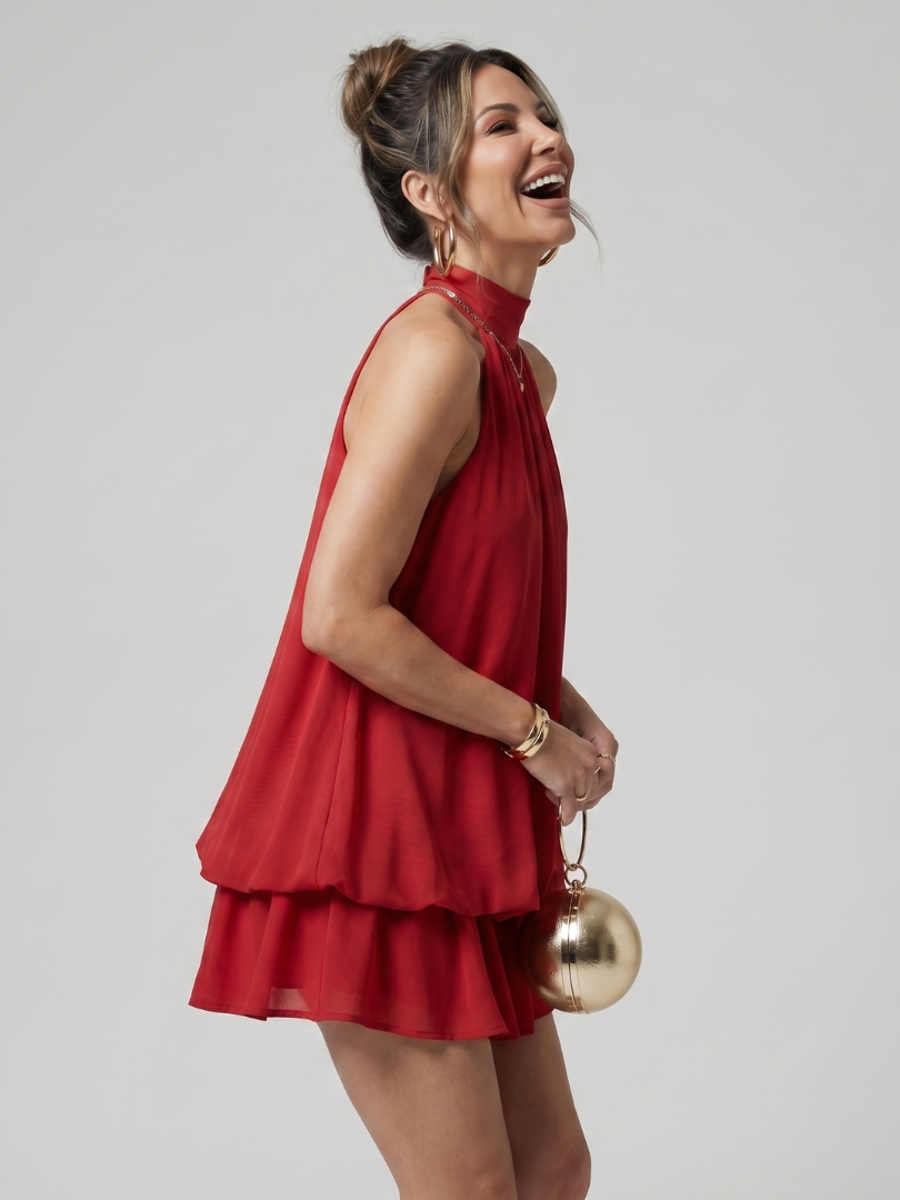 Hadley | Robe Mini à Encolure Haute en Chiffon Superposé avec Ourlet Évasé