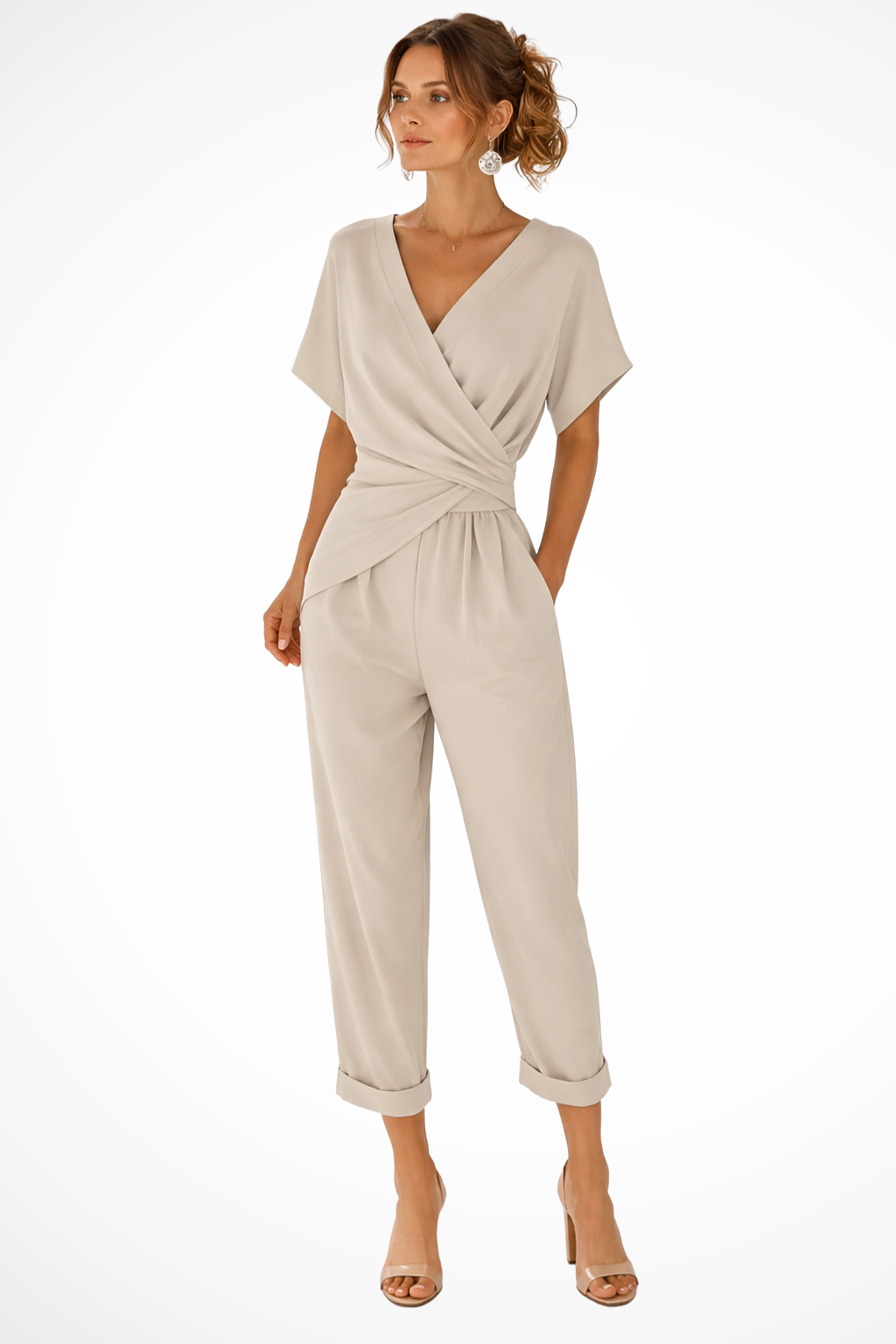 Combinaison Longue Femme avec Décolleté Croisé, Manches Courtes et Pantalon Cropped avec Poches