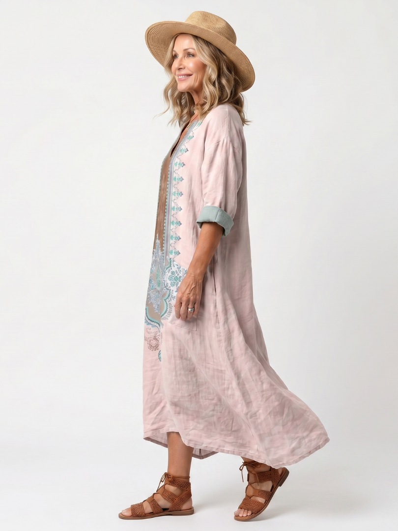 Kenza | Robe Midi Détente avec Panneaux Brodés et Poches