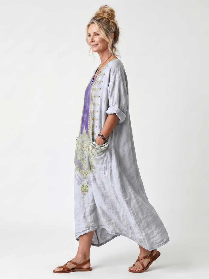 Raina | Robe midi oversize à poches avec panneau contrasté brodé
