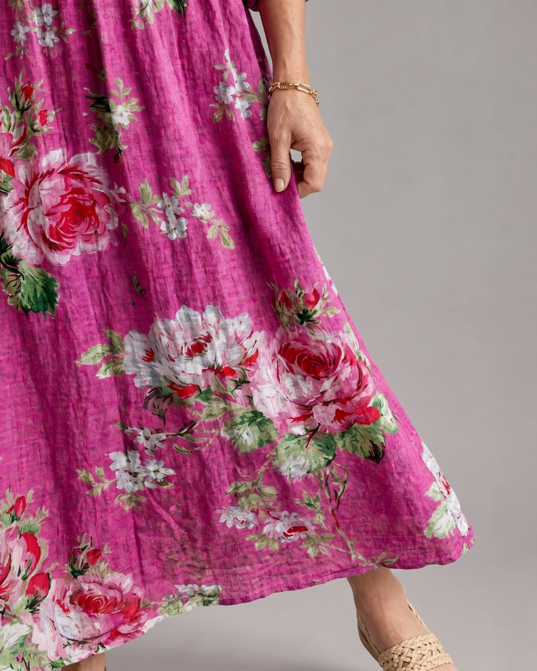 Rosavelle | Robe Midi à Taille Rassemblée Imprimé Rose Vintage