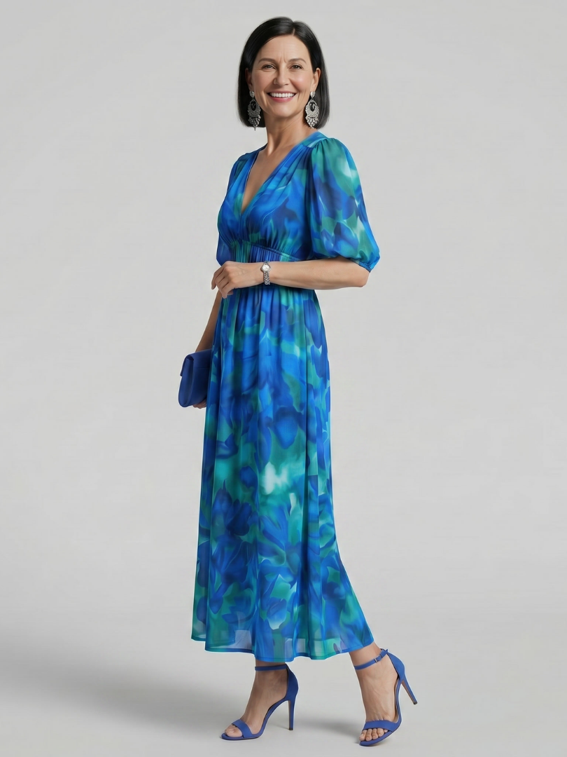 Candlia | Robe Midi Imprimé Abstrait à Manches Bouffantes et Décolleté en V