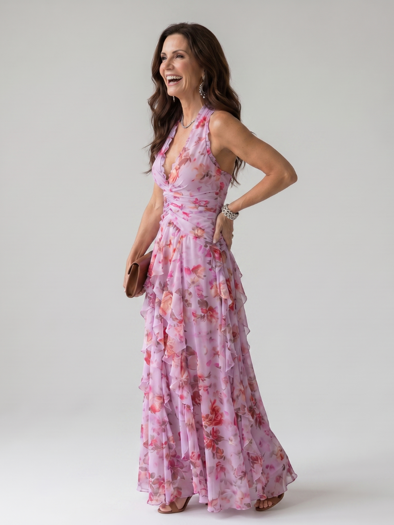 Nori | Robe Maxi à Encolure Halter et Corsage Froncé