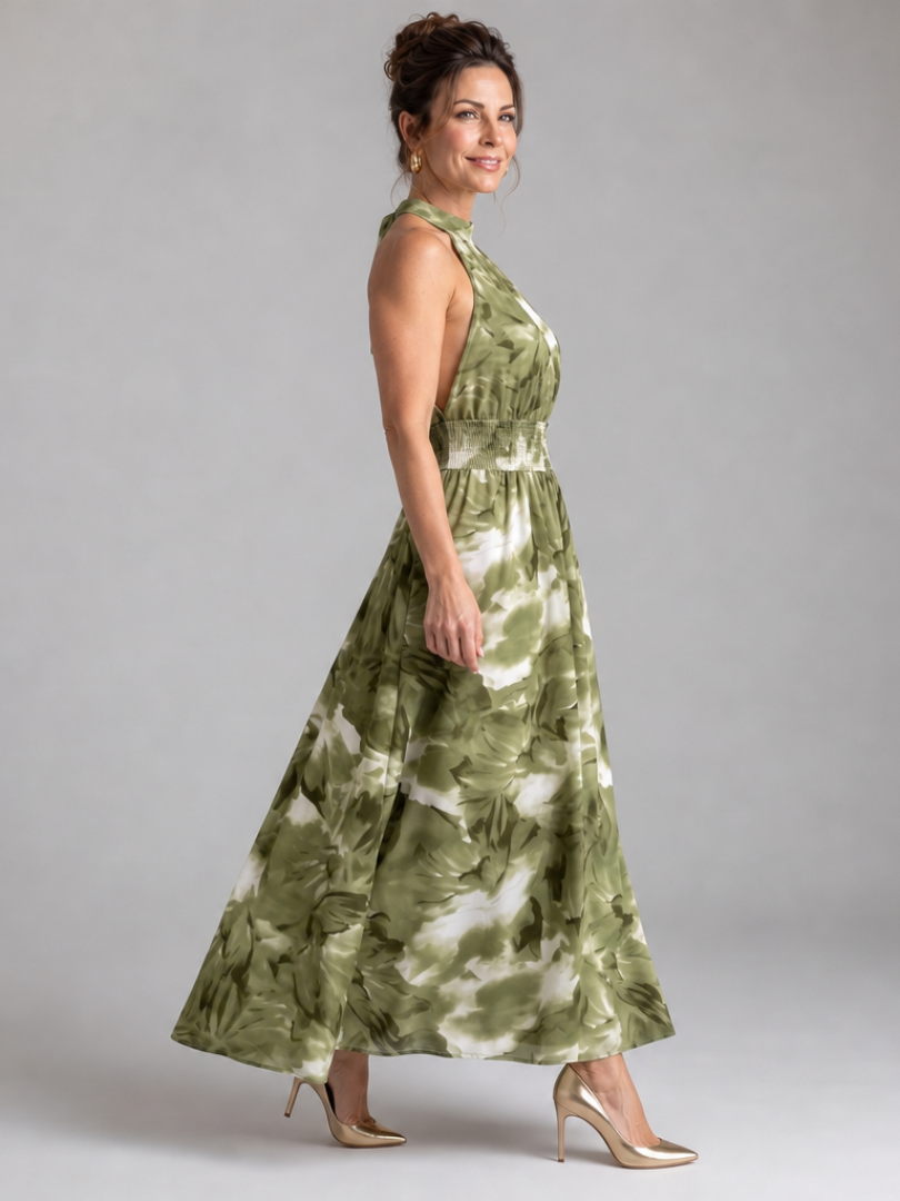 Olivia | Robe Midi à Taille Rassemblée Imprimé Abstrait