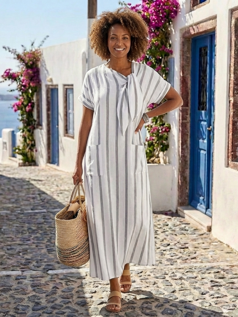 Elaris | Robe midi à manches courtes, à rayures, avec nœud à la gorge et poches