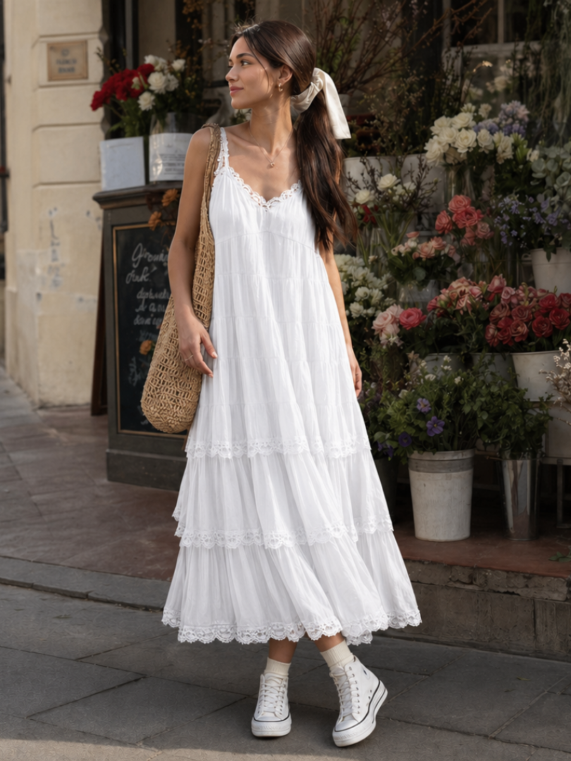 Lorelei | Robe midi à bretelles spaghetti avec couches de dentelle superposées