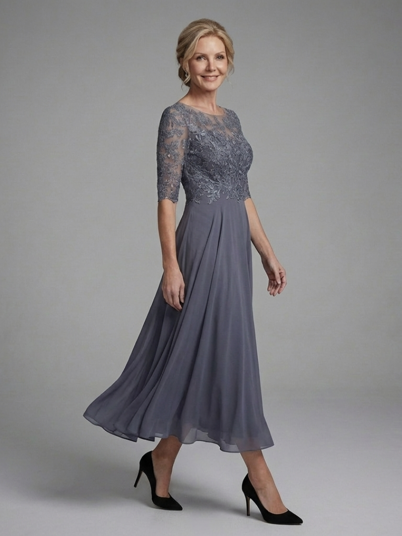 Olivine | Robe Midi à Corsage en Dentelle et Manches Transparentes