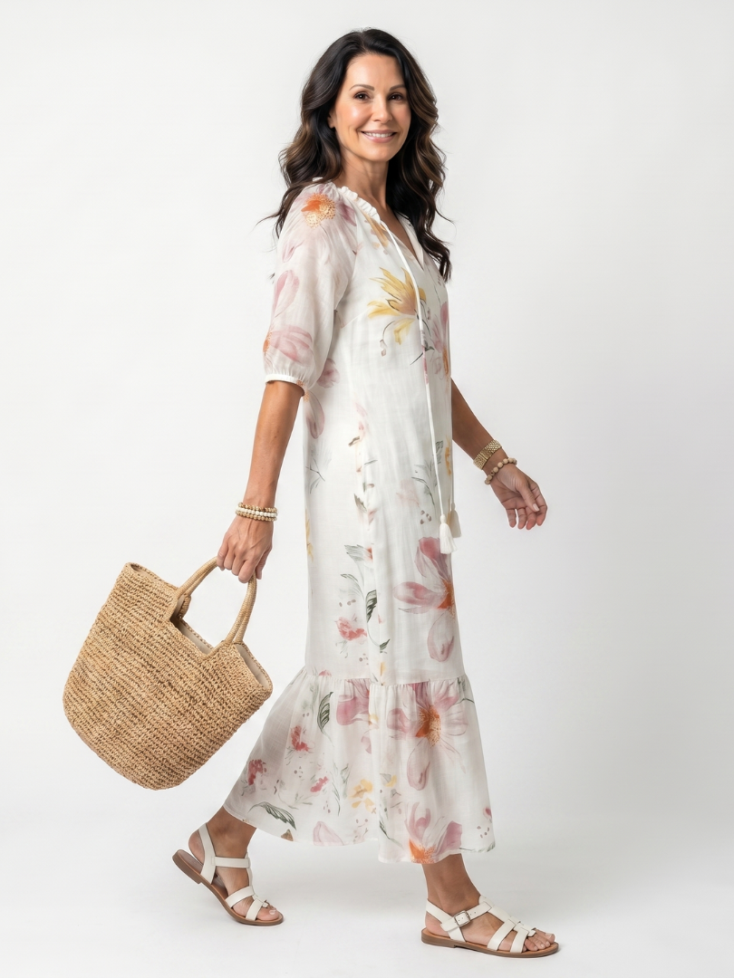 Noa | Robe midi à volants florale douce avec pompons