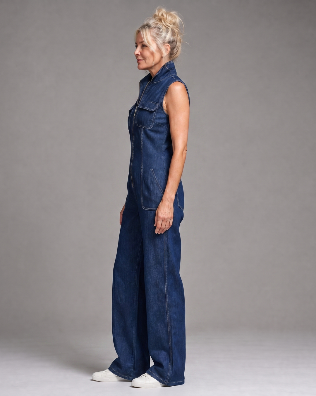Samantha | Combinaison sans manches en denim à fermeture éclair devant