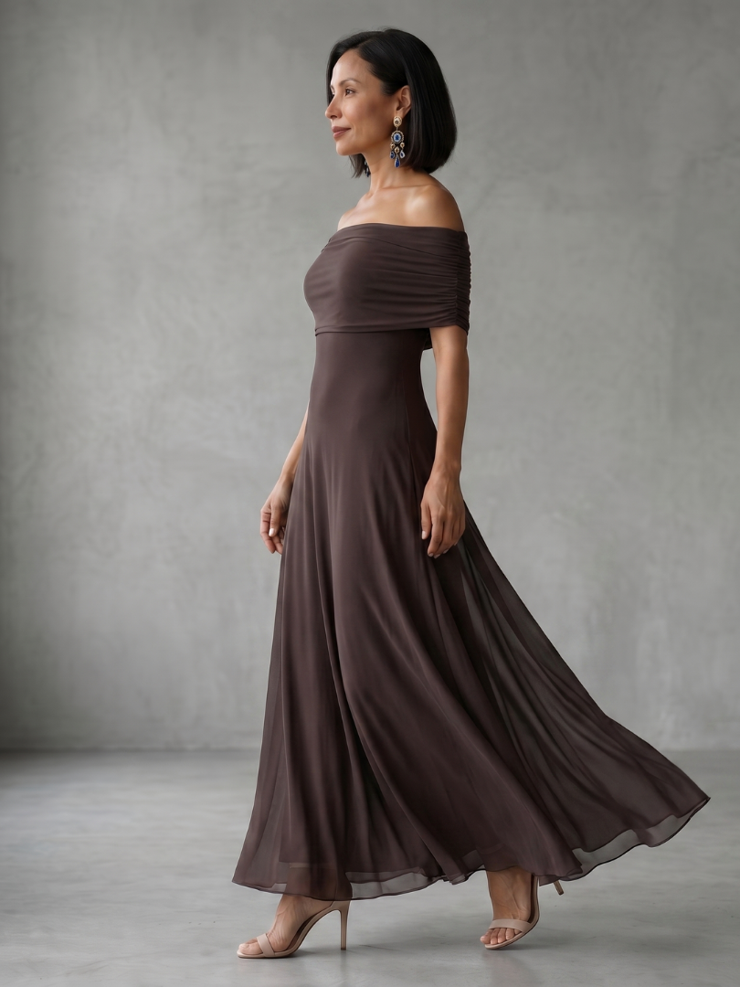 Juin | Robe Midi Drapée à Épaules Dégagées