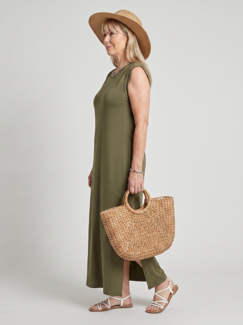 Harlow | Robe Midi à Silhouette Droite et Col Ras du Cou