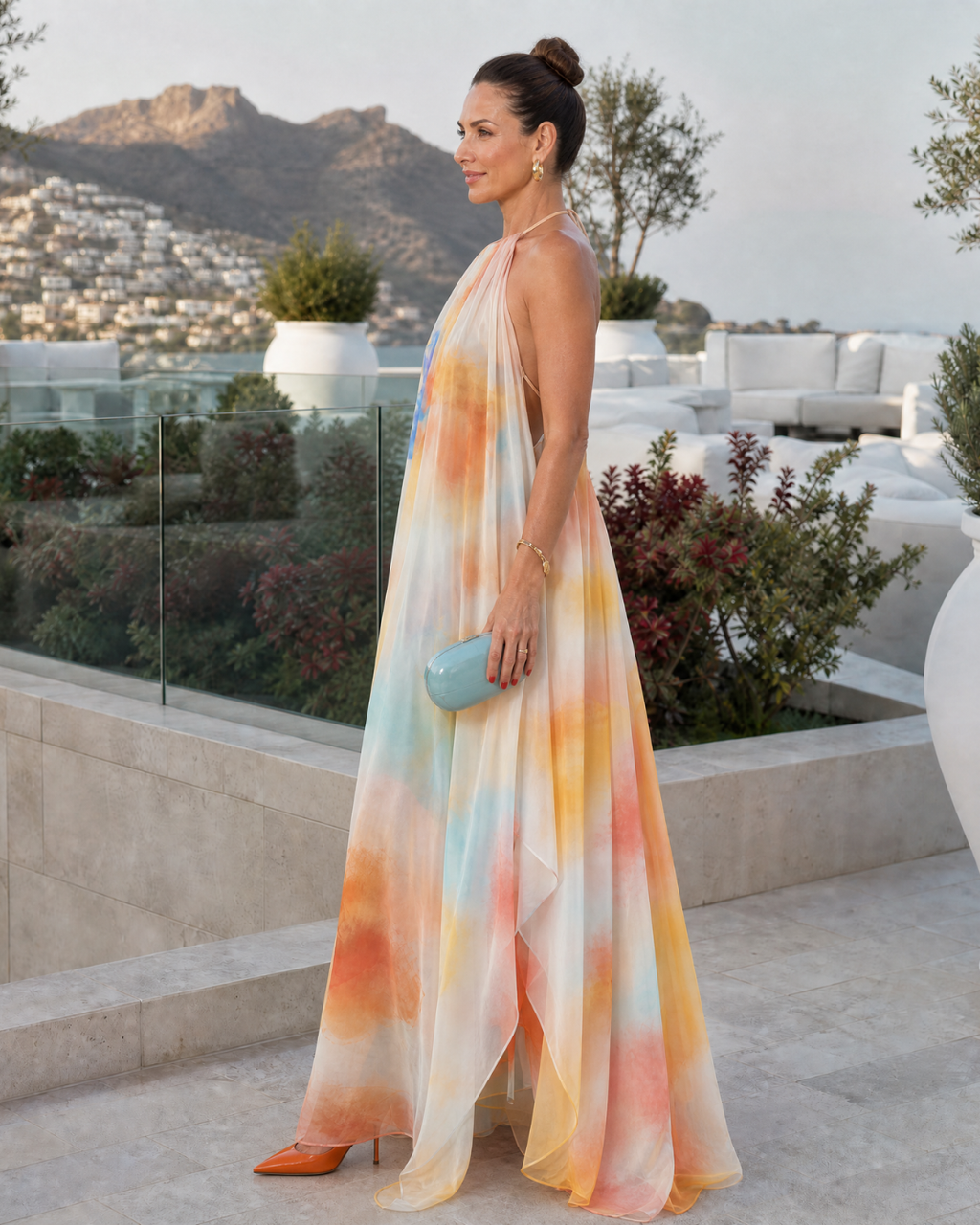 Solmira | Robe maxi fluide à encolure halter aquarelle