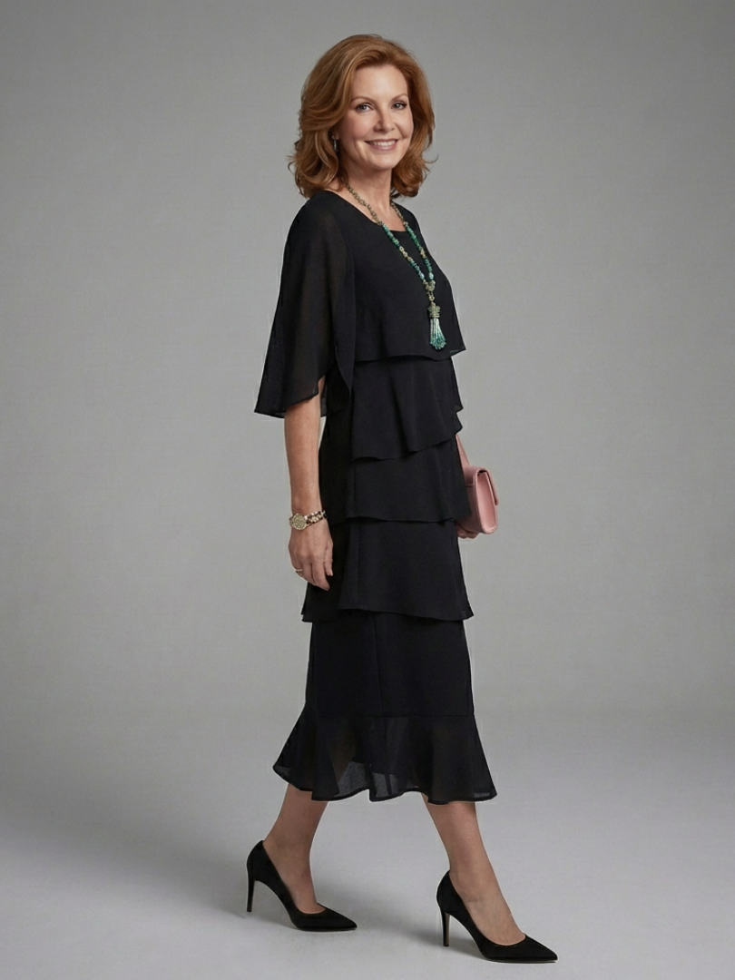 Maelis | Robe Midi à Manches Cape Superposées