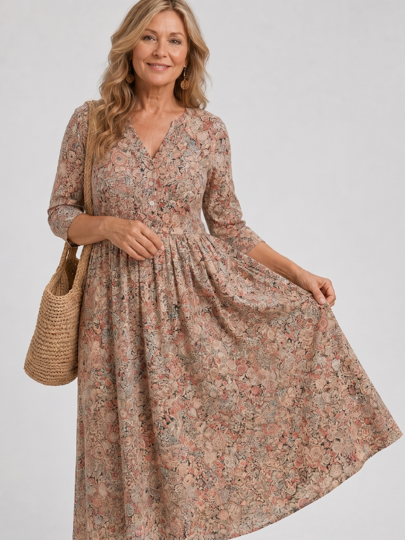 Picao | Robe Midi Vintage à Manches Trois Quarts