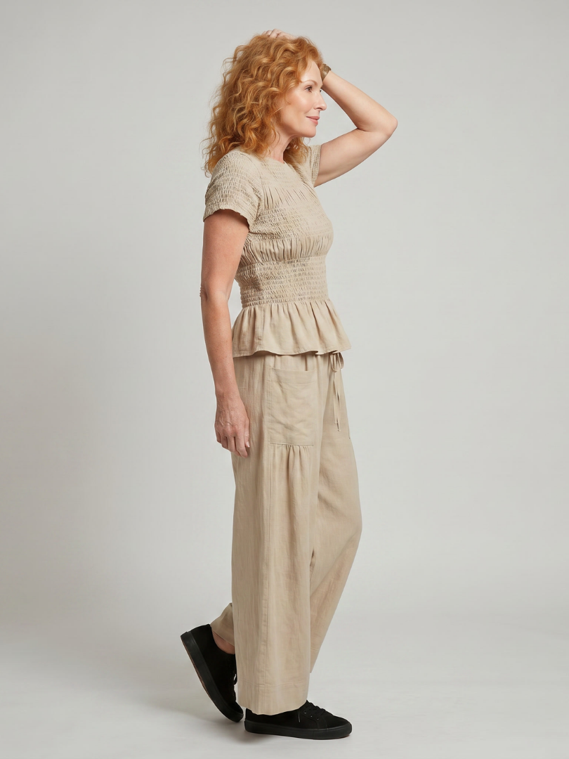 Eirenne | Haut Smocké Détail Peplum Et Ensemble Pantalon Large