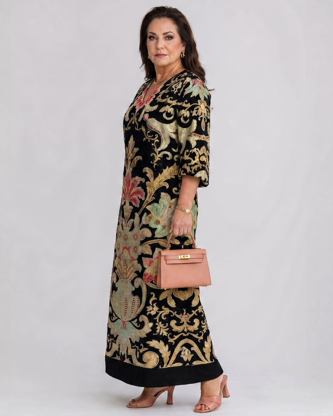 Thymera | Robe midi à détail de poche avec motif vintage vif