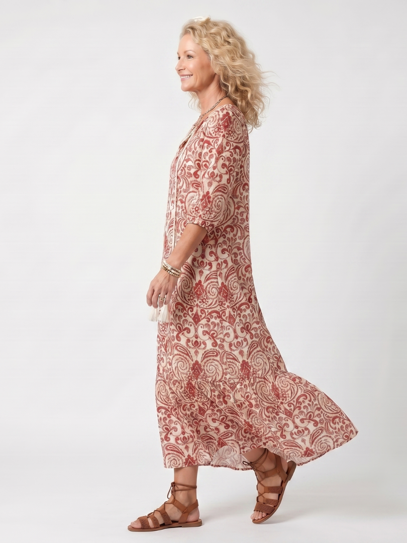 Noelle | Robe midi à imprimé orné avec lien à frange