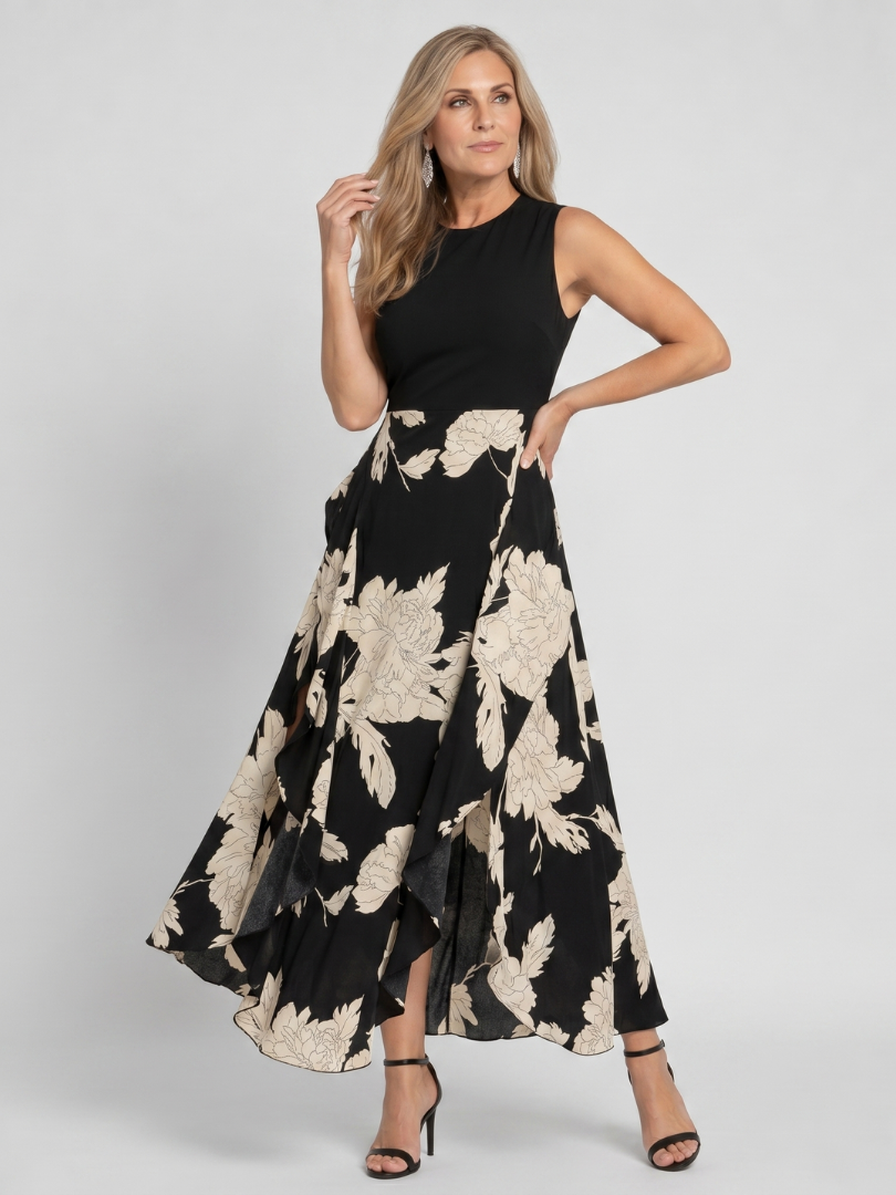 Klasen | Robe Midi Sans Manches à Imprimé Floral avec Ourlet Haut-Bas