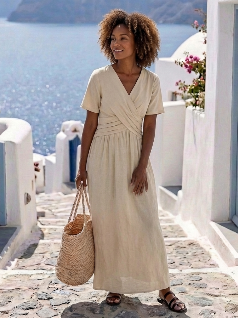 Alvara | Robe Midi Croisée à Manches Courtes en V