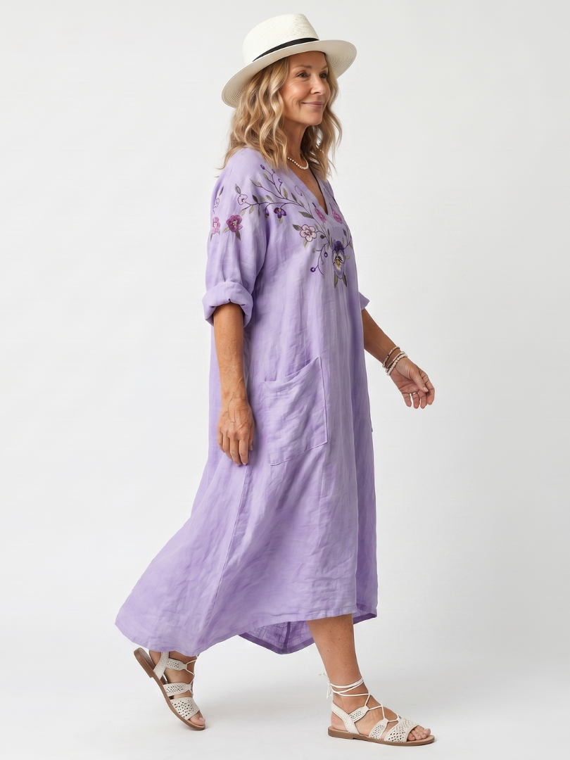 Tavi | Robe Midi Oversize à Poches Brodées de Fleurs