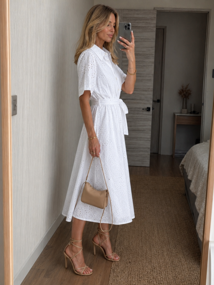 Eden | Robe Midi à Manches Courtes avec Boutons et Ceinture à la Taille