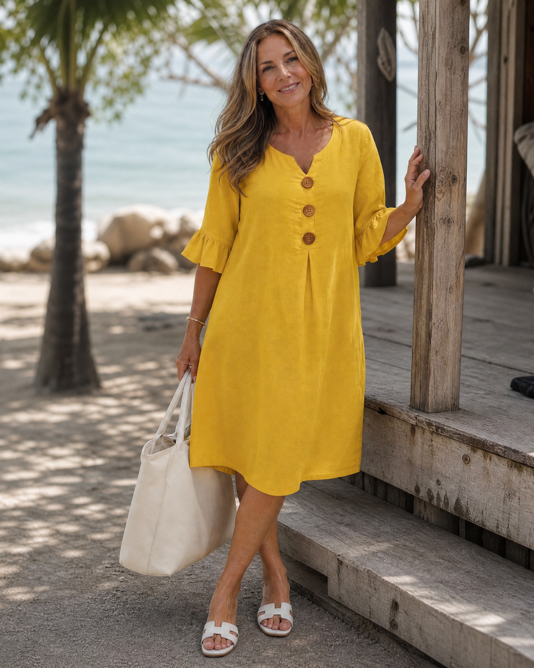 Comros | Robe Midi Relaxed à Détails Boutonnés et Manches Volantes
