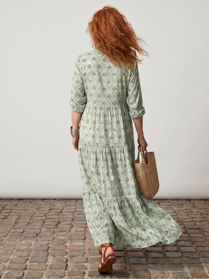 Junia | Robe Maxi Imprimée à Col Notch à Manches Longues