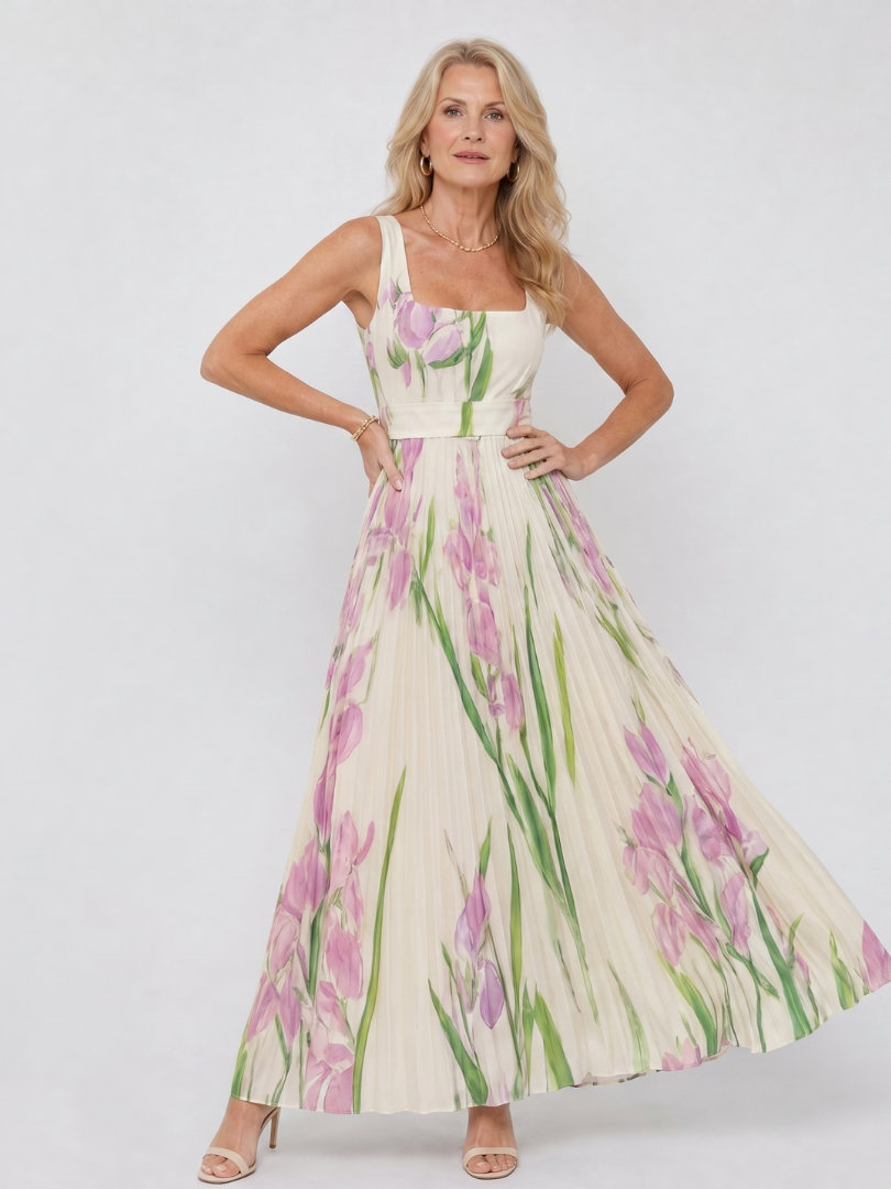 Vimele | Robe Midi Sans Manches à Encolure Carrée Plissée