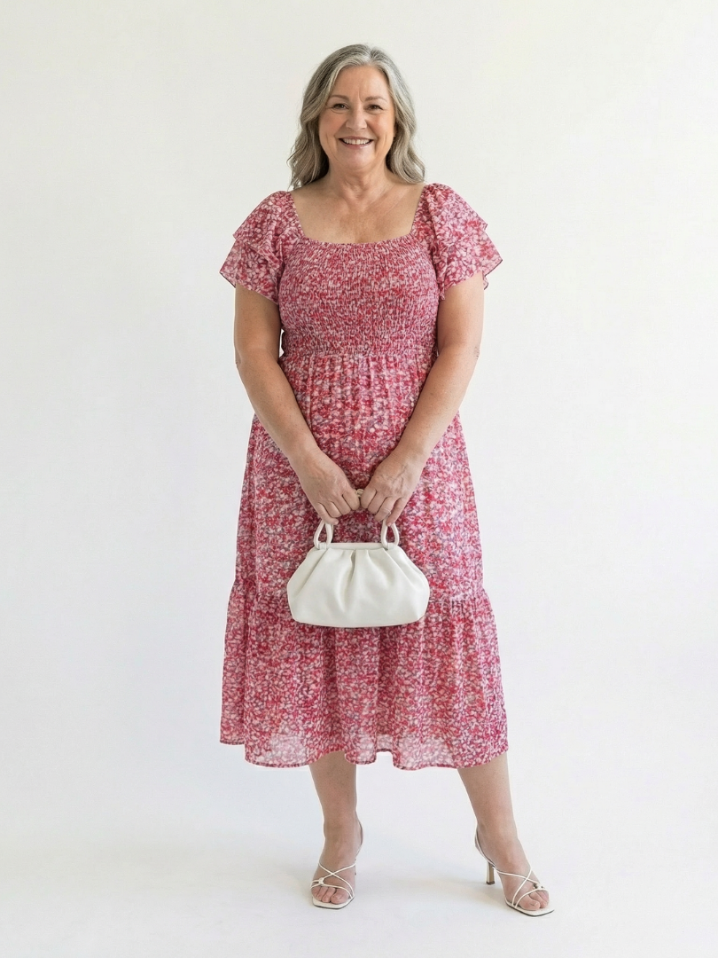 Odette | Robe Midi Smockée à Fleurs à Épaules Dénudées