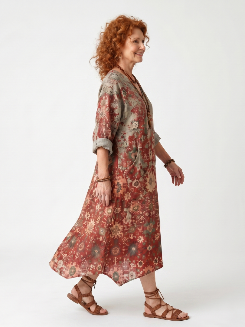 Safran | Robe Midi Détente à Poches à Motifs Mixtes
